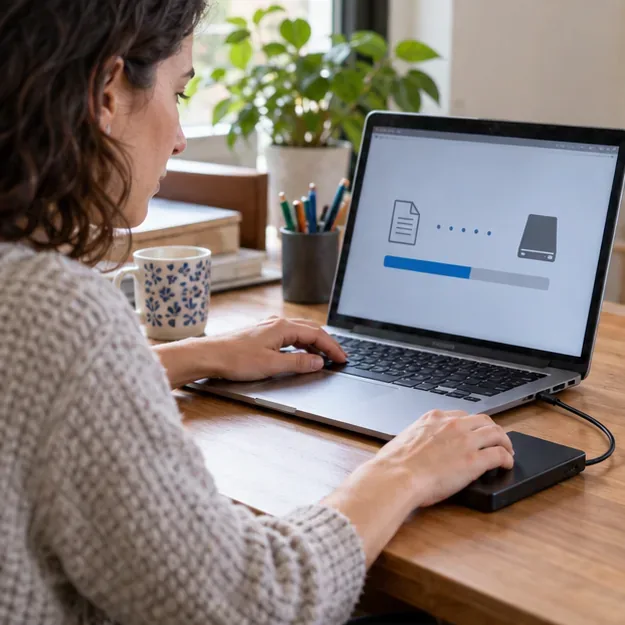 Una persona conecta un disco externo a un portátil para copiar sus archivos antes de retirar el ordenador