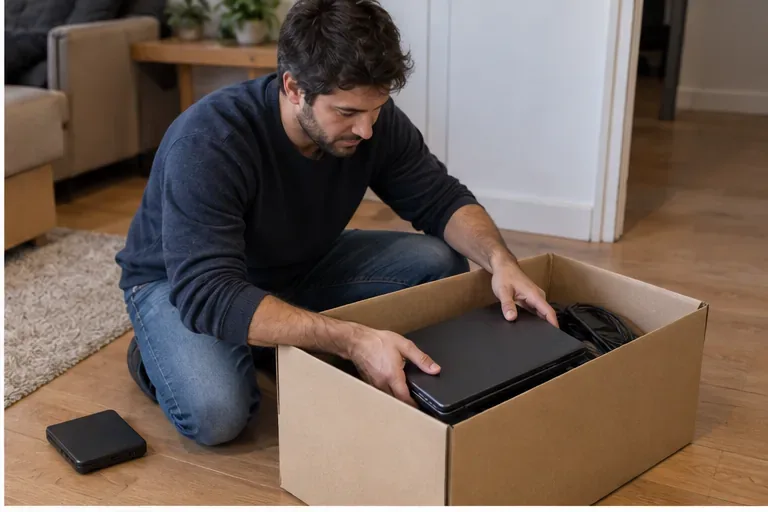 Persona colocando cuidadosamente un portátil y sus cables dentro de una caja de cartón