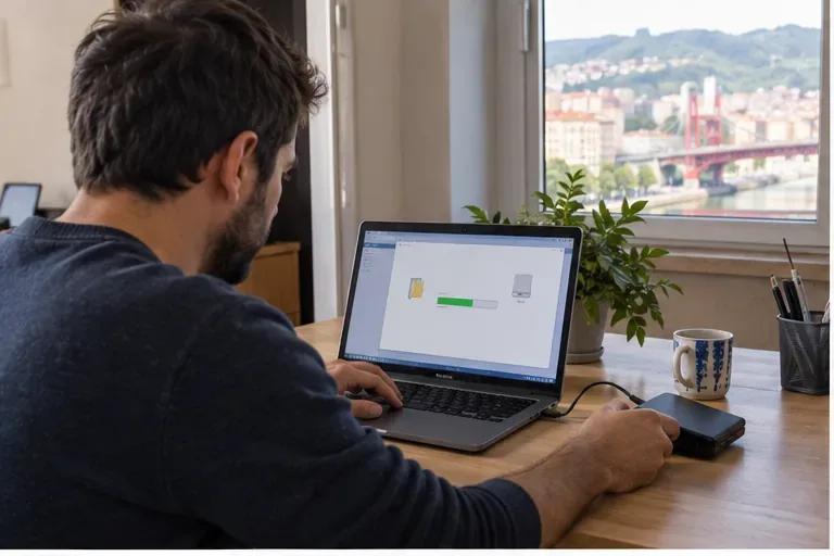 Persona copiando archivos desde un ordenador portátil a una unidad externa sobre una mesa