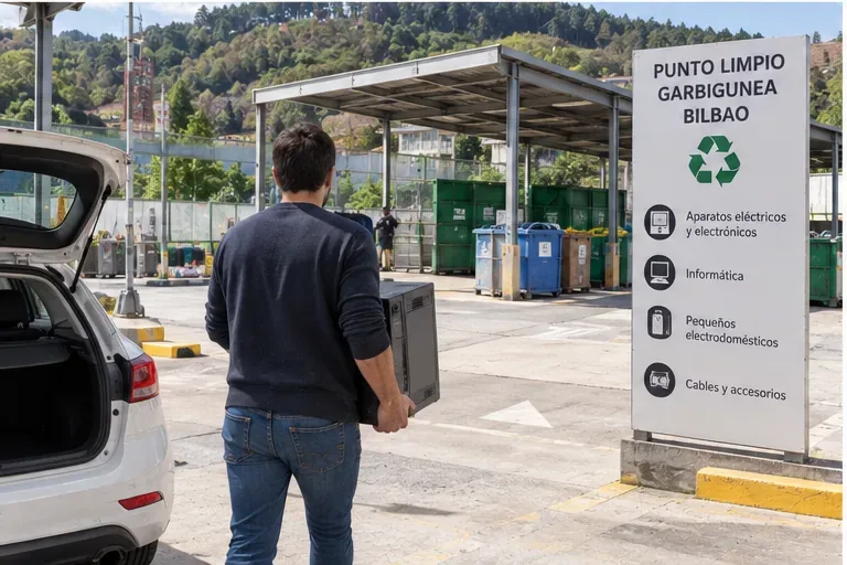 Persona llevando una torre de ordenador a un punto limpio con contenedores de reciclaje al fondo