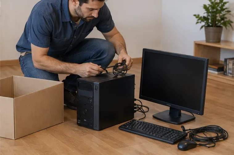 Una persona recoge los cables de una torre de ordenador, un monitor, un teclado y un ratón antes de transportarlos