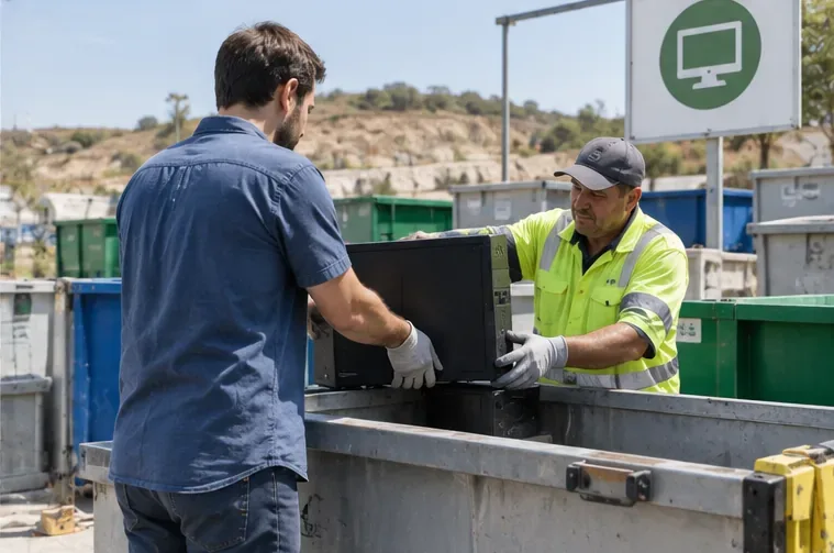 Un ciudadano entrega una torre de ordenador a un operario en una instalación de recogida de residuos electrónicos