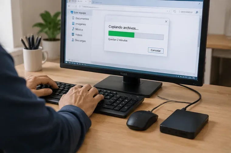 Persona haciendo una copia de archivos de un ordenador antiguo antes de entregarlo para reutilización o reciclaje