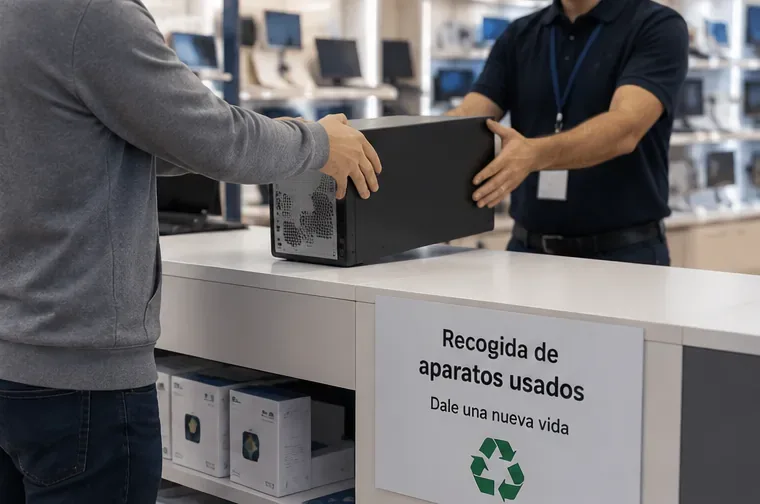 Cliente entregando una torre de ordenador usada en el mostrador de recogida de una tienda de electrónica