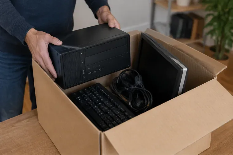 Ordenador de sobremesa, monitor, teclado y cables colocados en una caja para transportarlos sin golpes