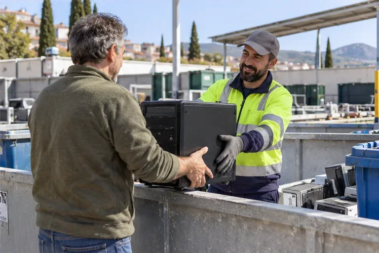 Un vecino entrega una torre de ordenador a un trabajador en una instalación municipal de reciclaje