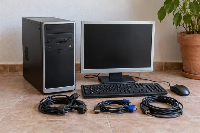 Una torre de ordenador, una pantalla, un teclado y varios cables desenchufados y ordenados para su entrega