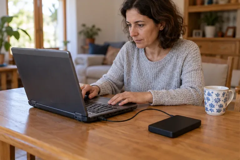 Una mujer conecta un disco externo a un portátil antiguo para guardar sus archivos antes de entregarlo