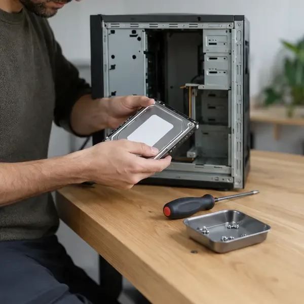 Persona extrayendo un disco duro de una torre de ordenador abierta sobre una mesa de trabajo