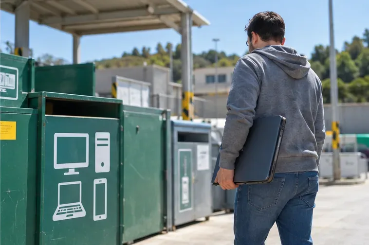 Persona llevando un portátil a una zona de recogida de residuos electrónicos con contenedores identificados
