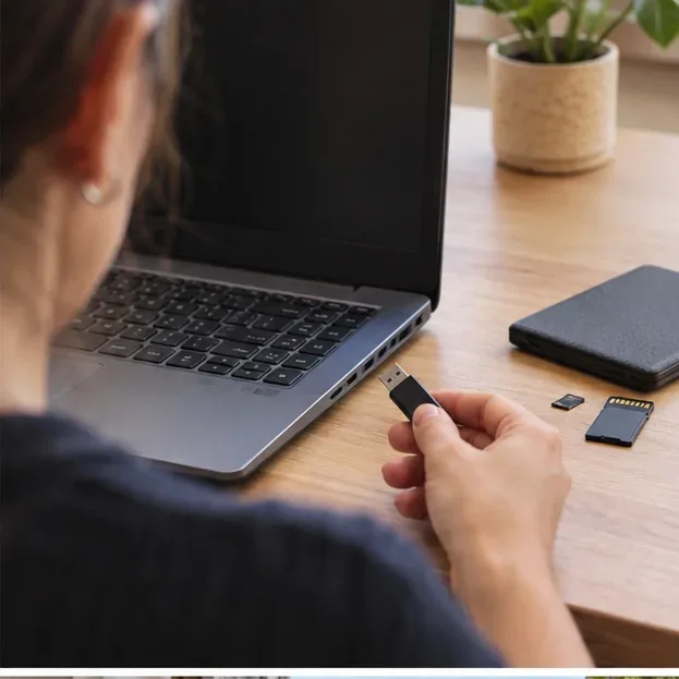 Persona retirando una memoria USB de un portátil, con una tarjeta SD y accesorios sobre la mesa