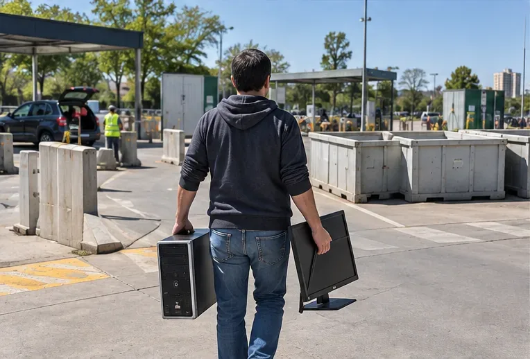 Persona transportando una torre de ordenador y un monitor hacia una instalación de recogida selectiva de residuos