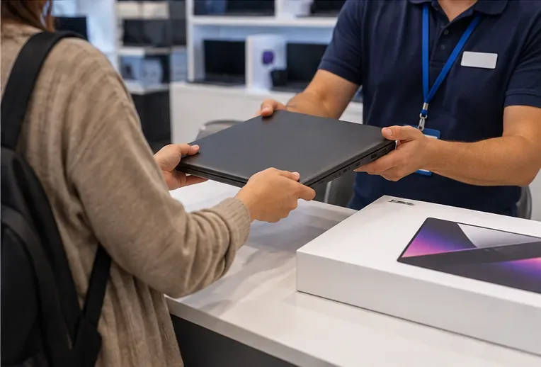 Cliente entregando un portátil usado a un empleado en el mostrador de una tienda de electrónica