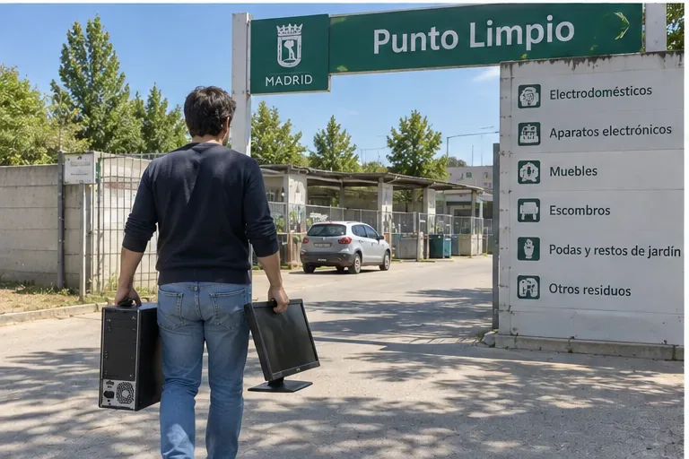 Persona llegando con una torre y un monitor a una instalación señalizada como Punto Limpio en Madrid