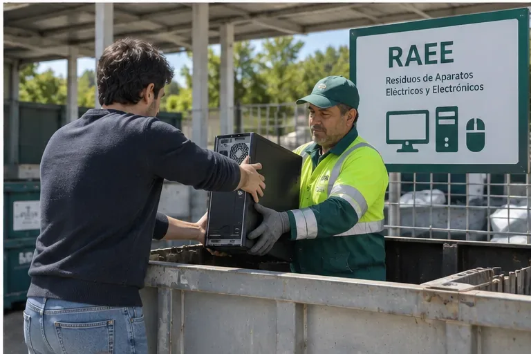 Usuario entregando una torre de ordenador a un trabajador en una zona señalizada para residuos RAEE
