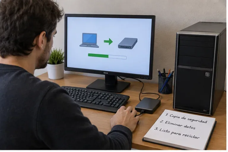 Persona haciendo una copia de seguridad y preparando el borrado de datos de un ordenador de sobremesa antes de reciclarlo