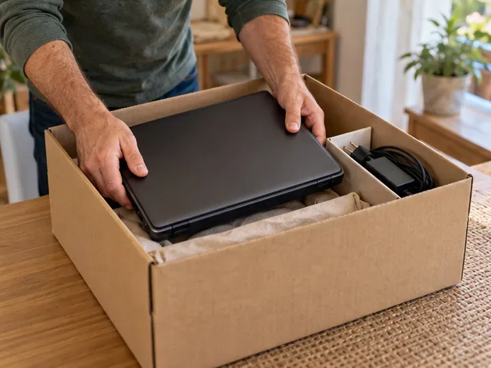 Un portátil apagado y su cargador están colocados con cuidado en una caja de cartón para transportarlos