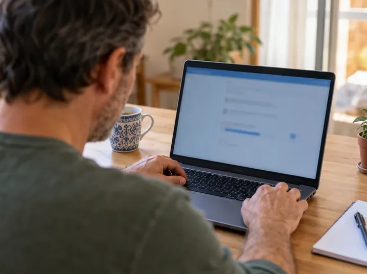 Una persona usa un portátil en casa para revisar sus archivos y preparar la protección de sus datos