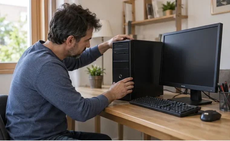 Una persona comprueba una torre, un monitor y un teclado en un escritorio antes de decidir si reutiliza el ordenador