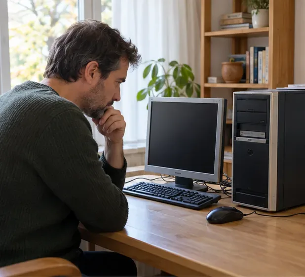 Una persona revisa una torre de ordenador y un monitor en un escritorio