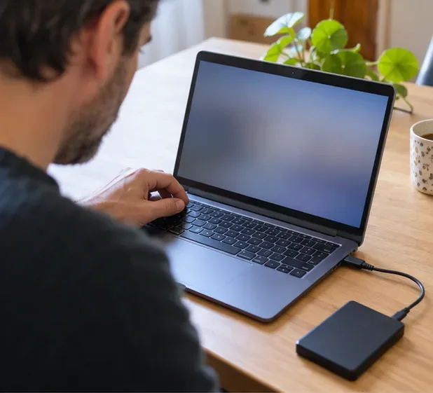 Una persona utiliza un portátil mientras prepara el ordenador para borrar datos