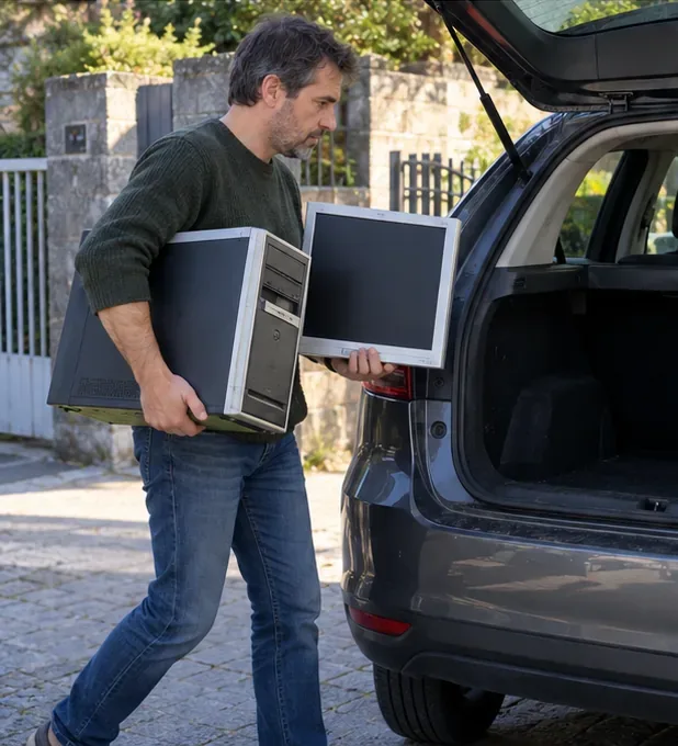 Una persona carga con cuidado una torre de ordenador y un monitor en un coche
