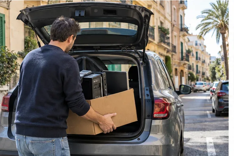 Una persona carga una caja con un ordenador de sobremesa y una pantalla en el maletero de un coche