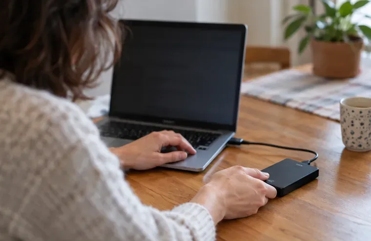 Una persona conecta un ordenador portátil a un disco externo para guardar una copia de archivos