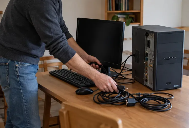 Una persona apaga y desconecta una torre, un monitor, un teclado y varios cables antes del transporte