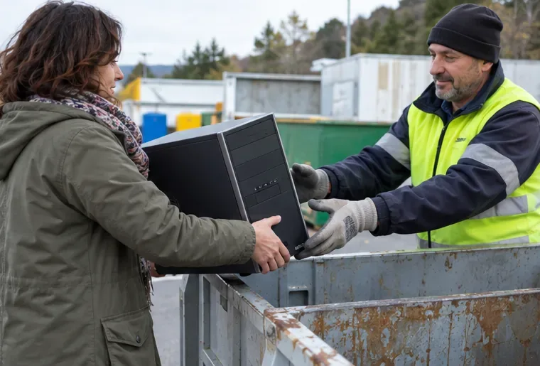 Una residente entrega una torre de ordenador a un trabajador en un punto genérico de recogida selectiva