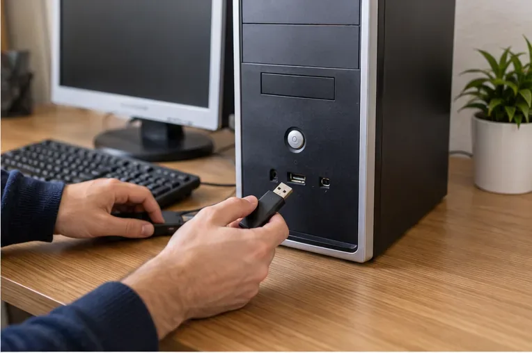 Manos retirando una memoria USB de la parte frontal de una torre de ordenador de sobremesa