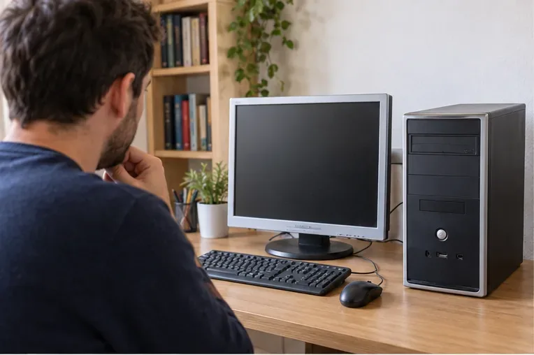 Persona observando un ordenador de sobremesa antiguo con torre, monitor, teclado y ratón sobre una mesa