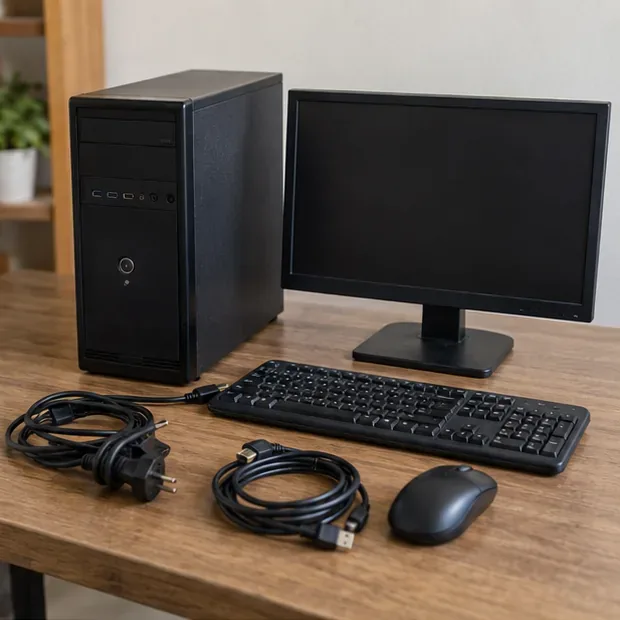 Ordenador de sobremesa, monitor, teclado, ratón y cables separados y ordenados sobre una mesa para su entrega