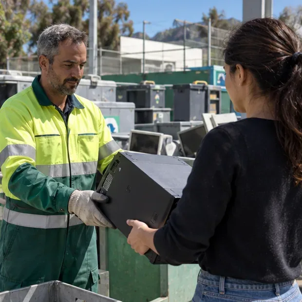 Trabajador de un punto de recogida recibiendo una torre de ordenador de manos de una usuaria