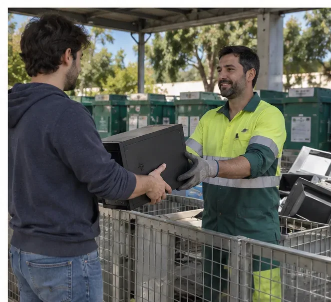 Usuario entregando una torre de ordenador a un trabajador de un centro de recogida junto a contenedores de aparatos electrónicos