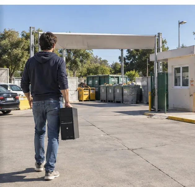 Persona entrando a pie en una instalación de recogida de residuos mientras transporta una torre de ordenador
