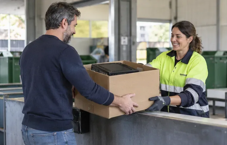 Persona entregando una caja con un ordenador a una trabajadora de un punto de recogida