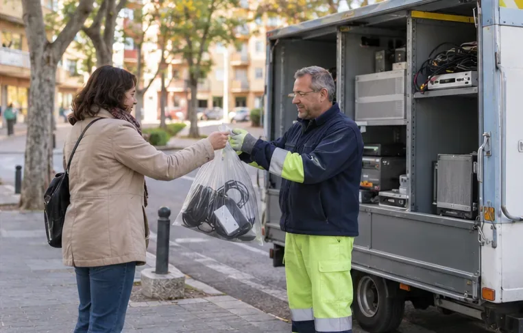 Persona entregando una bolsa de cables y pequeños accesorios informáticos a un trabajador de un vehículo móvil