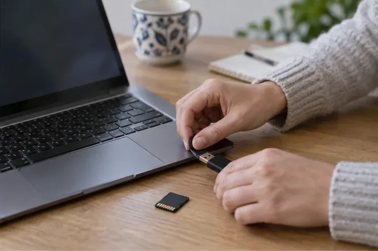Persona retirando una memoria USB y una tarjeta SD de un ordenador portátil