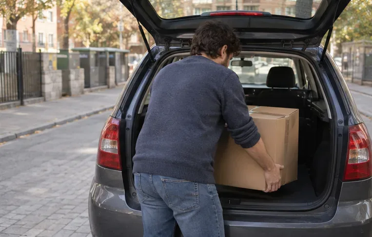 Persona cargando una caja con un ordenador en el maletero de un coche
