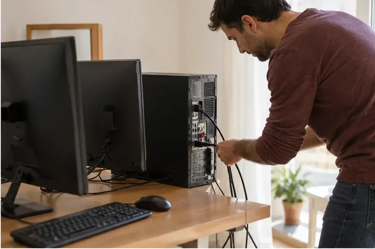 Una persona desconecta los cables de una torre de ordenador y sus monitores en un escritorio