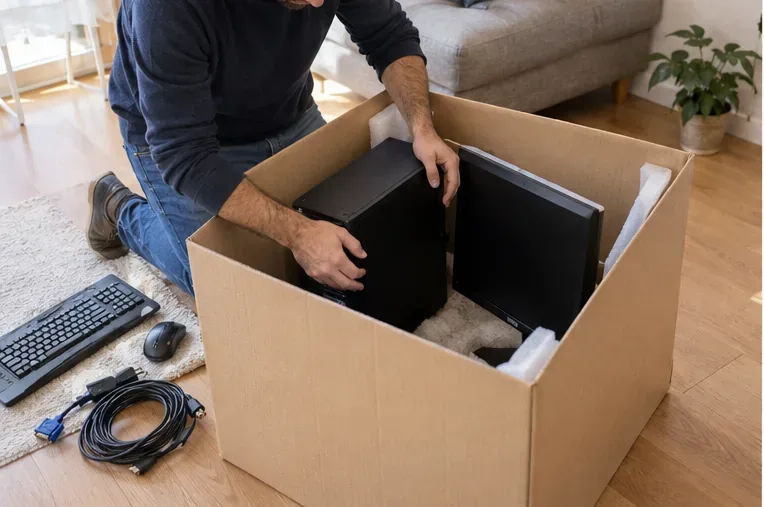 Una torre de ordenador y un monitor protegidos con material de relleno dentro de una caja