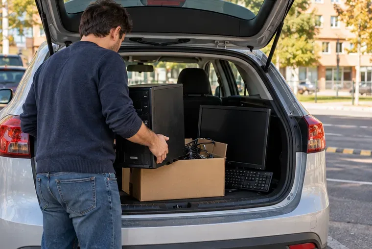 Una persona carga una torre de ordenador, un monitor y una caja con cables en el maletero de un coche para llevarlos al punto limpio