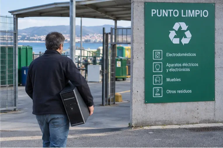 Persona llevando una torre de ordenador a una instalación de punto limpio para residuos eléctricos y electrónicos