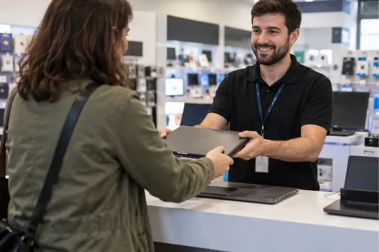 Cliente entregando un portátil usado a un empleado en una tienda de electrónica