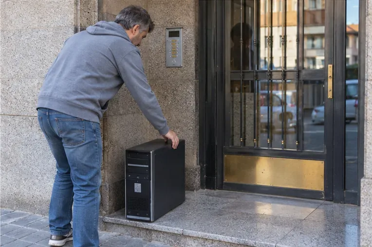 Persona colocando una torre de ordenador en el portal para una recogida previamente concertada