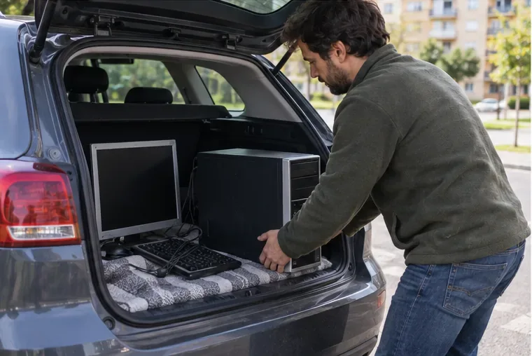 Una persona carga una torre de ordenador y un monitor desconectados en el maletero de un coche para llevarlos a un punto limpio