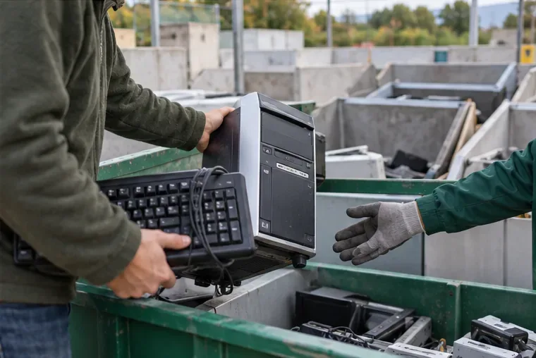 Una persona entrega una torre de ordenador y un teclado a un operario junto a contenedores separados de un punto limpio