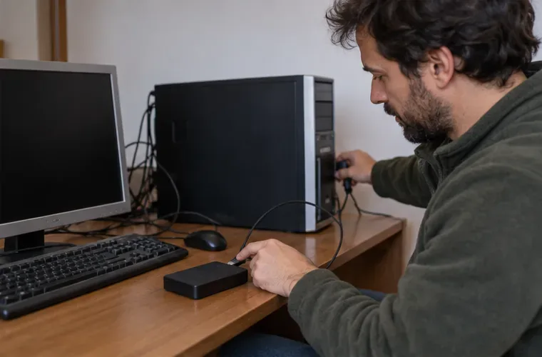 Una persona conecta un disco externo a un ordenador apagado para preparar una copia de seguridad antes de entregarlo
