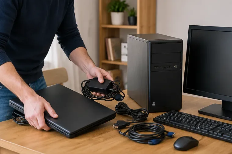 Ordenador portátil, torre, monitor y cables separados sobre una mesa antes de llevarlos a reciclar